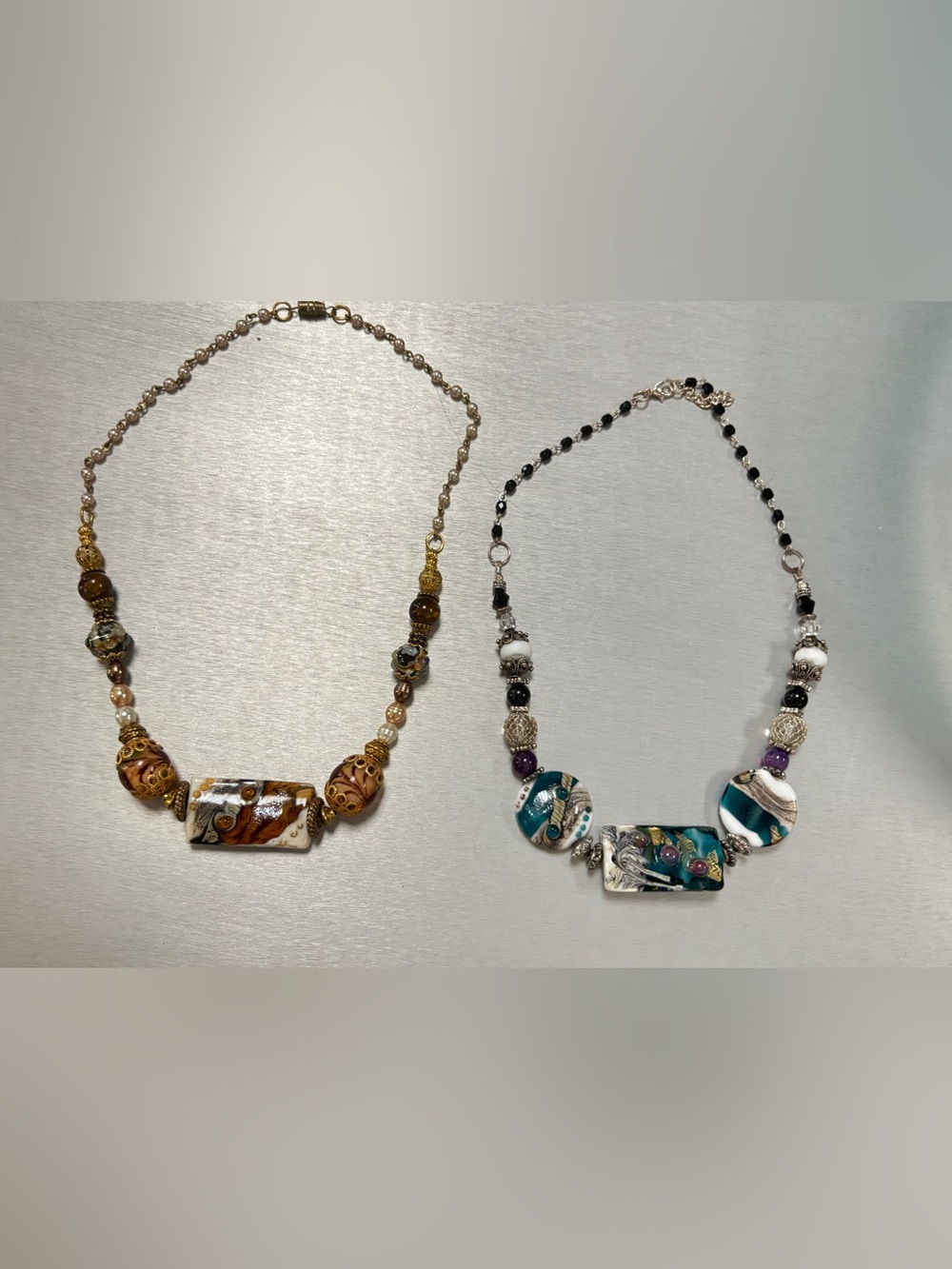 Pair of Artisan Glass Bead Necklace - Brown and Teal